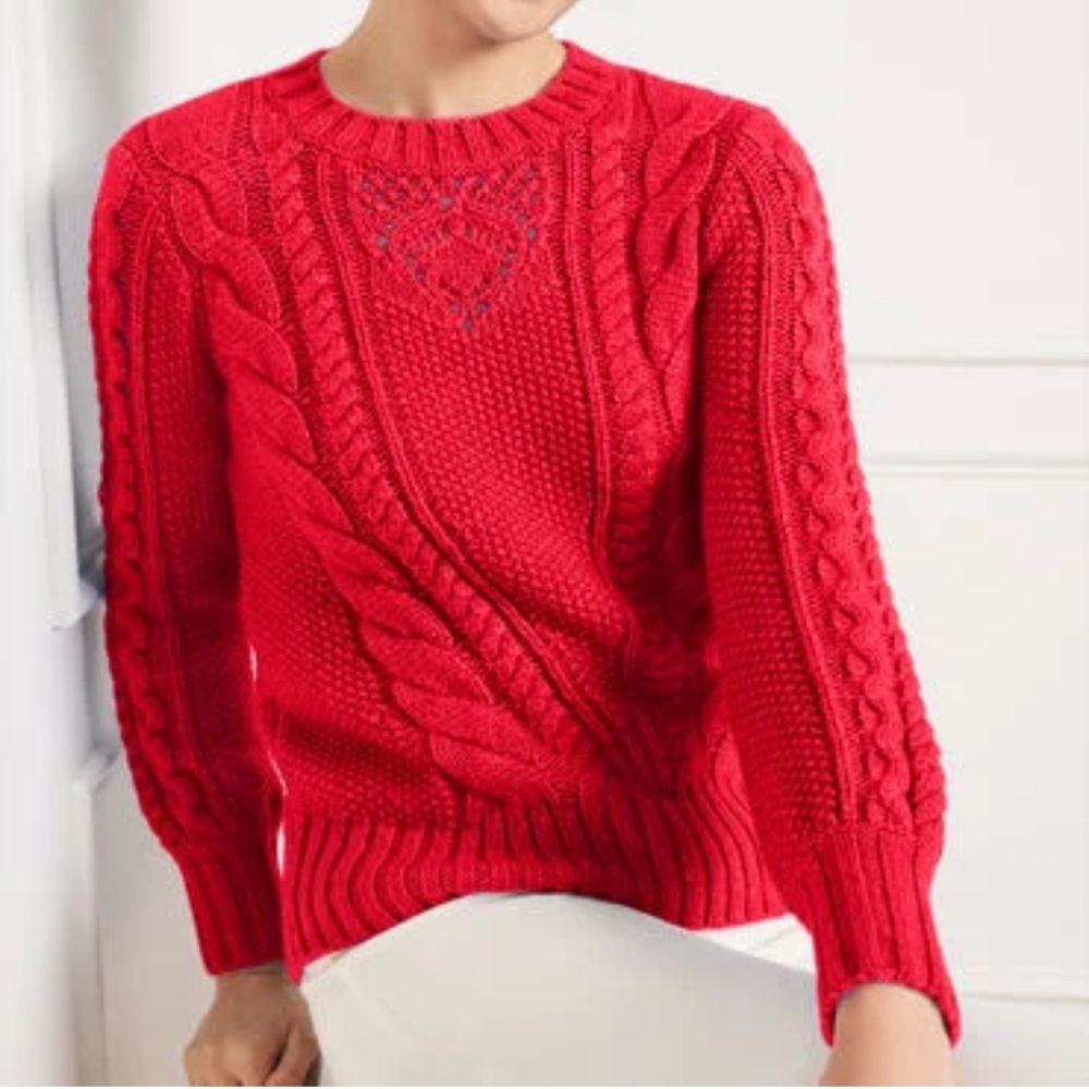 Talbots 2023 Balloon Sleeve Cable Knit Sweater in Red Size LP